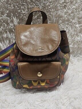 Coach EUC C4097 Pennie Backpack 22 In Rainbow Signature Canvas & Smooth Leather